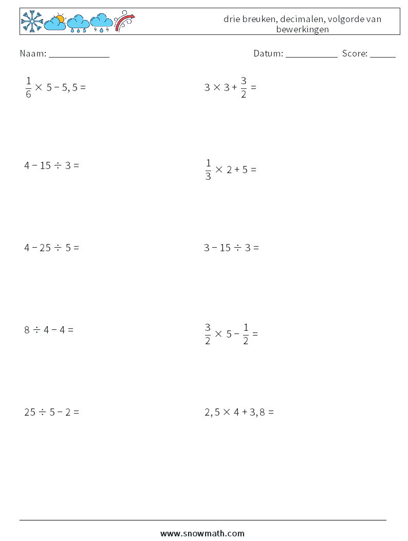(10) drie breuken, decimalen, volgorde van bewerkingen Wiskundige werkbladen 10