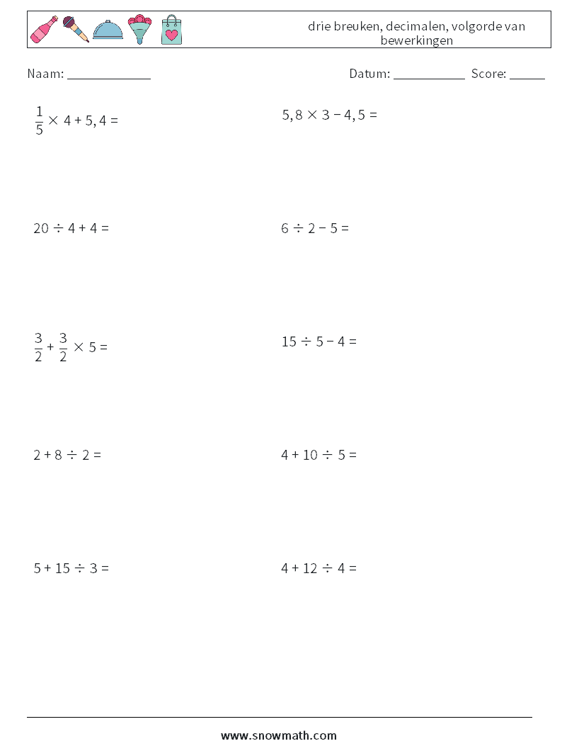 (10) drie breuken, decimalen, volgorde van bewerkingen Wiskundige werkbladen 11
