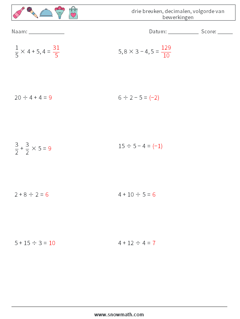 (10) drie breuken, decimalen, volgorde van bewerkingen Wiskundige werkbladen 11 Vraag, Antwoord