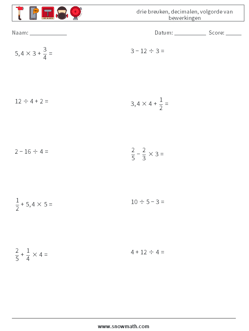 (10) drie breuken, decimalen, volgorde van bewerkingen Wiskundige werkbladen 12