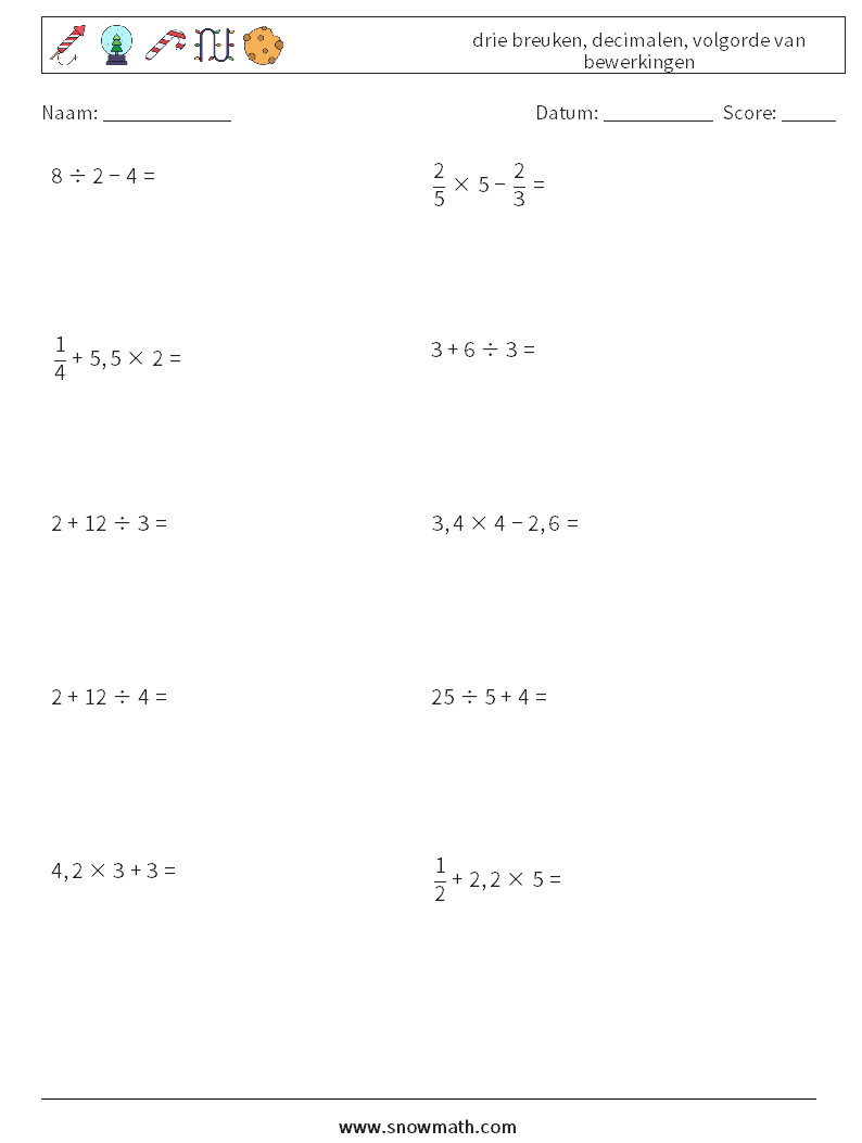 (10) drie breuken, decimalen, volgorde van bewerkingen Wiskundige werkbladen 14