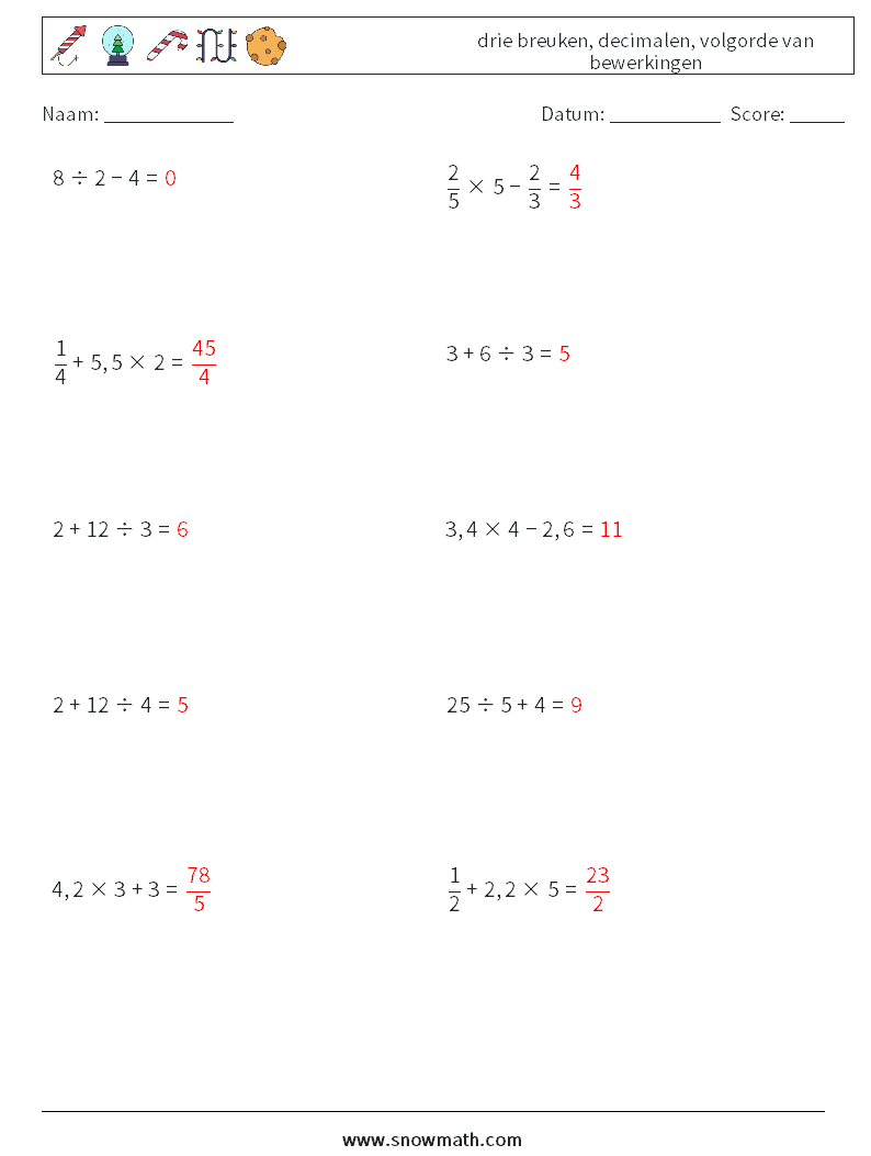 (10) drie breuken, decimalen, volgorde van bewerkingen Wiskundige werkbladen 14 Vraag, Antwoord