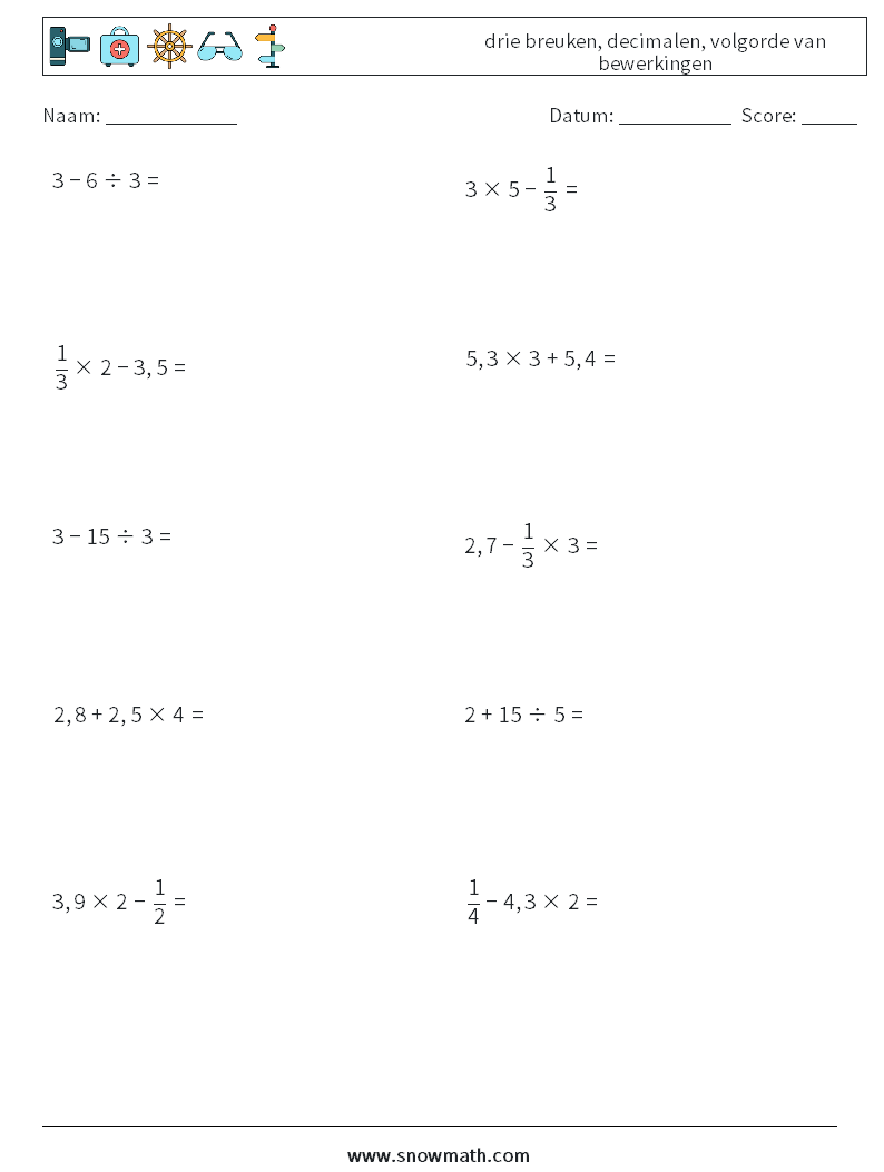 (10) drie breuken, decimalen, volgorde van bewerkingen Wiskundige werkbladen 15