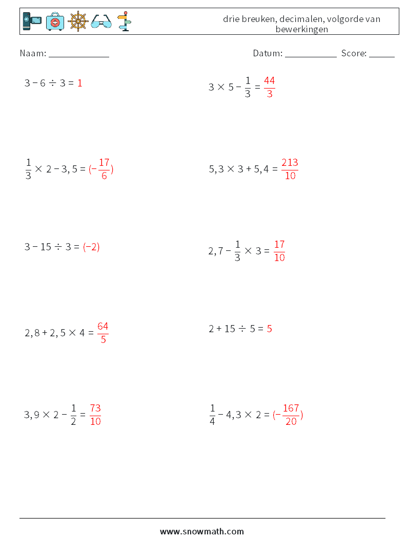 (10) drie breuken, decimalen, volgorde van bewerkingen Wiskundige werkbladen 15 Vraag, Antwoord