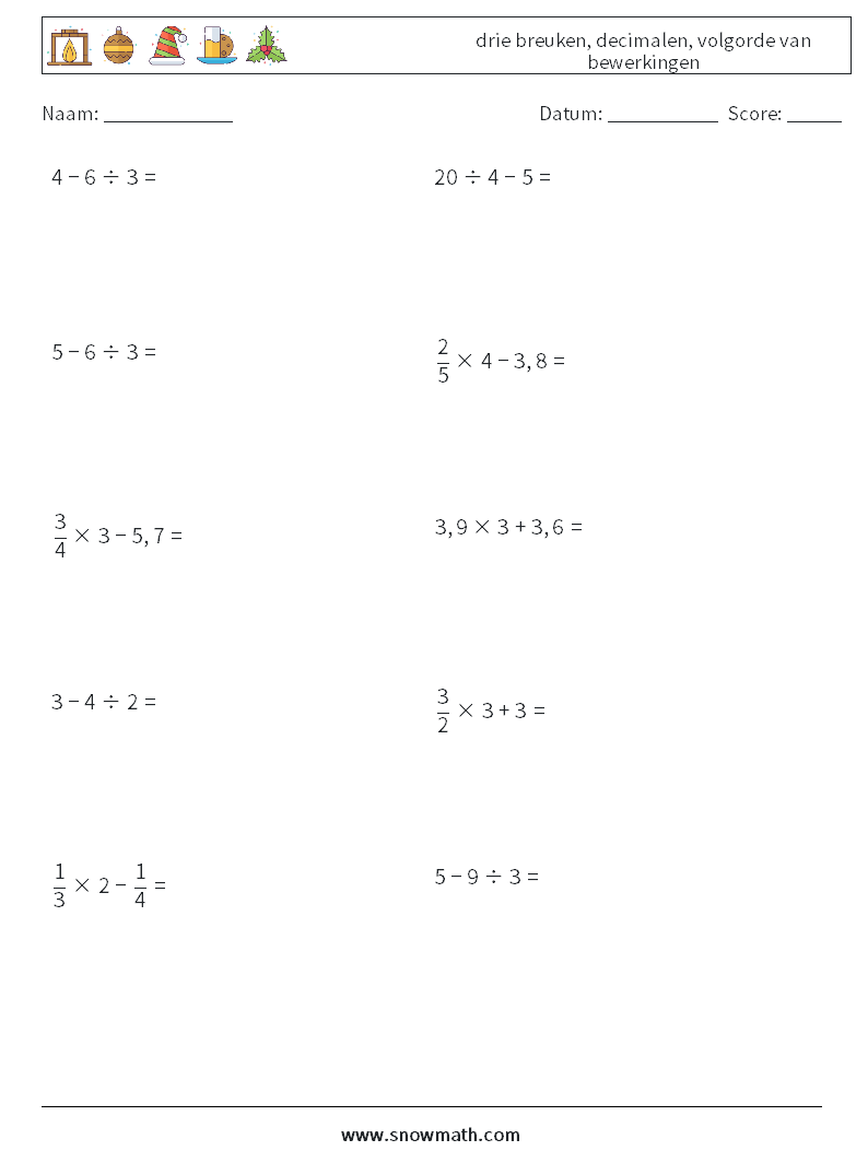 (10) drie breuken, decimalen, volgorde van bewerkingen Wiskundige werkbladen 16