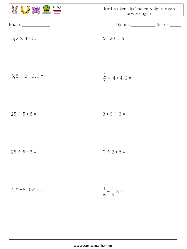 (10) drie breuken, decimalen, volgorde van bewerkingen Wiskundige werkbladen 17