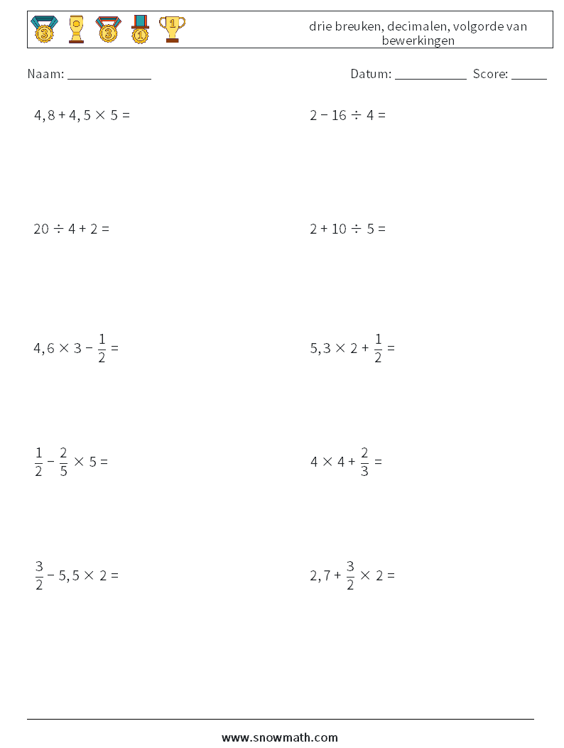 (10) drie breuken, decimalen, volgorde van bewerkingen Wiskundige werkbladen 18