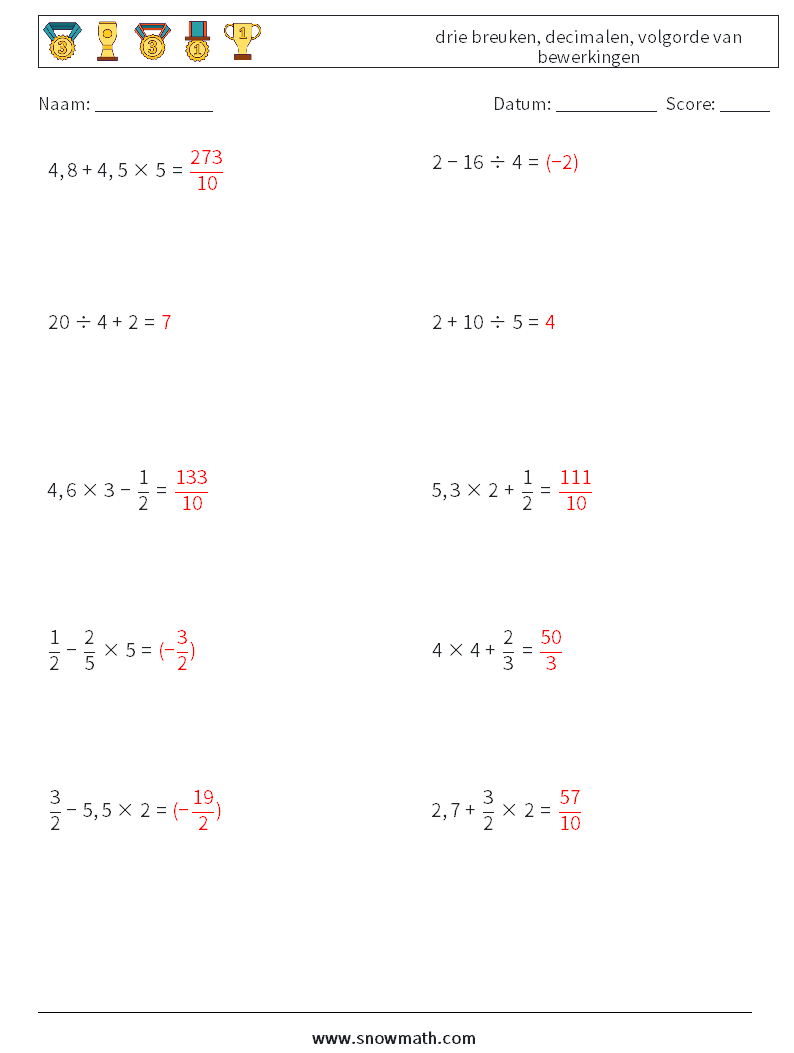 (10) drie breuken, decimalen, volgorde van bewerkingen Wiskundige werkbladen 18 Vraag, Antwoord