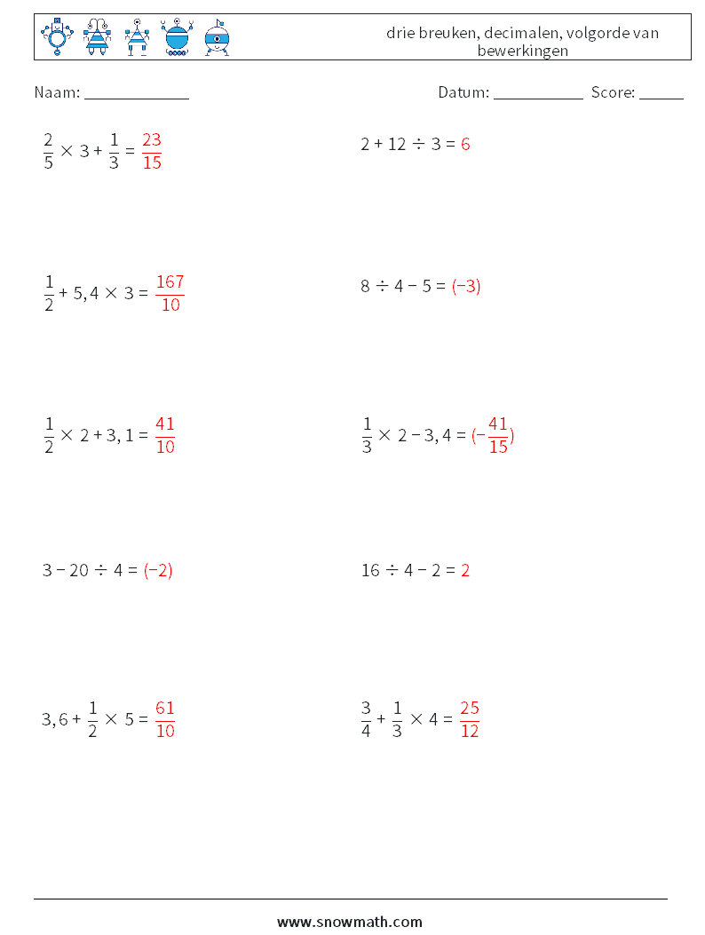 (10) drie breuken, decimalen, volgorde van bewerkingen Wiskundige werkbladen 3 Vraag, Antwoord