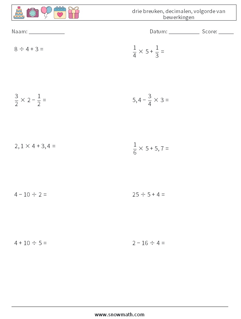 (10) drie breuken, decimalen, volgorde van bewerkingen Wiskundige werkbladen 4