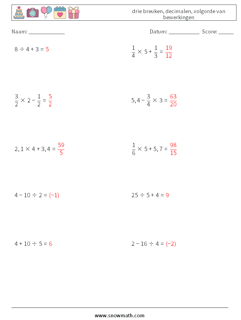 (10) drie breuken, decimalen, volgorde van bewerkingen Wiskundige werkbladen 4 Vraag, Antwoord