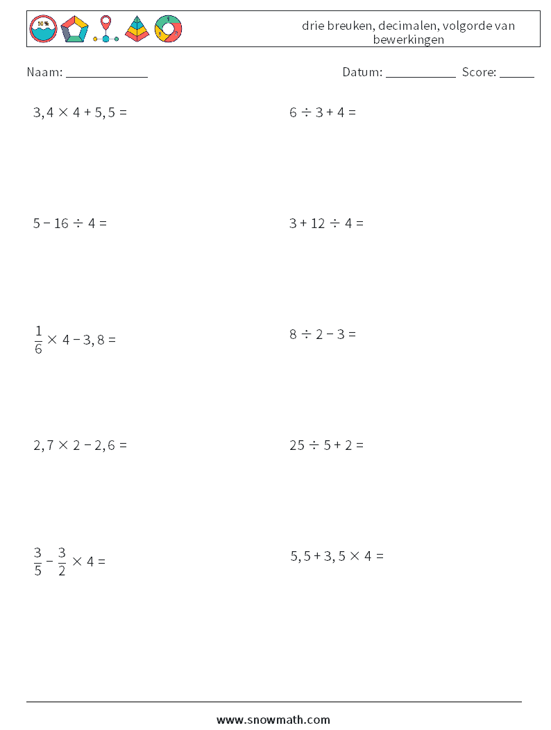 (10) drie breuken, decimalen, volgorde van bewerkingen Wiskundige werkbladen 5