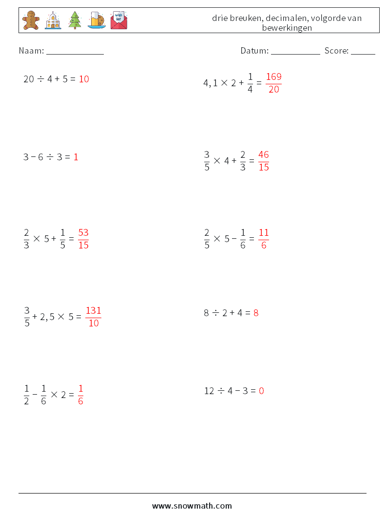 (10) drie breuken, decimalen, volgorde van bewerkingen Wiskundige werkbladen 6 Vraag, Antwoord