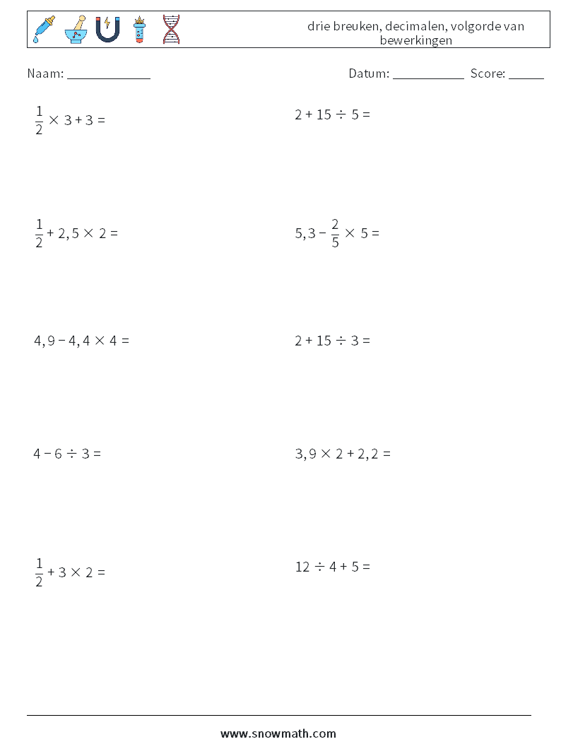 (10) drie breuken, decimalen, volgorde van bewerkingen Wiskundige werkbladen 7