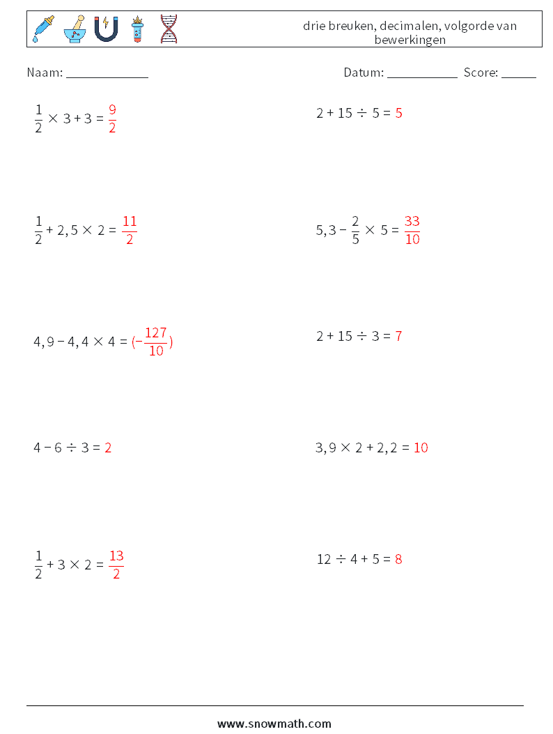 (10) drie breuken, decimalen, volgorde van bewerkingen Wiskundige werkbladen 7 Vraag, Antwoord