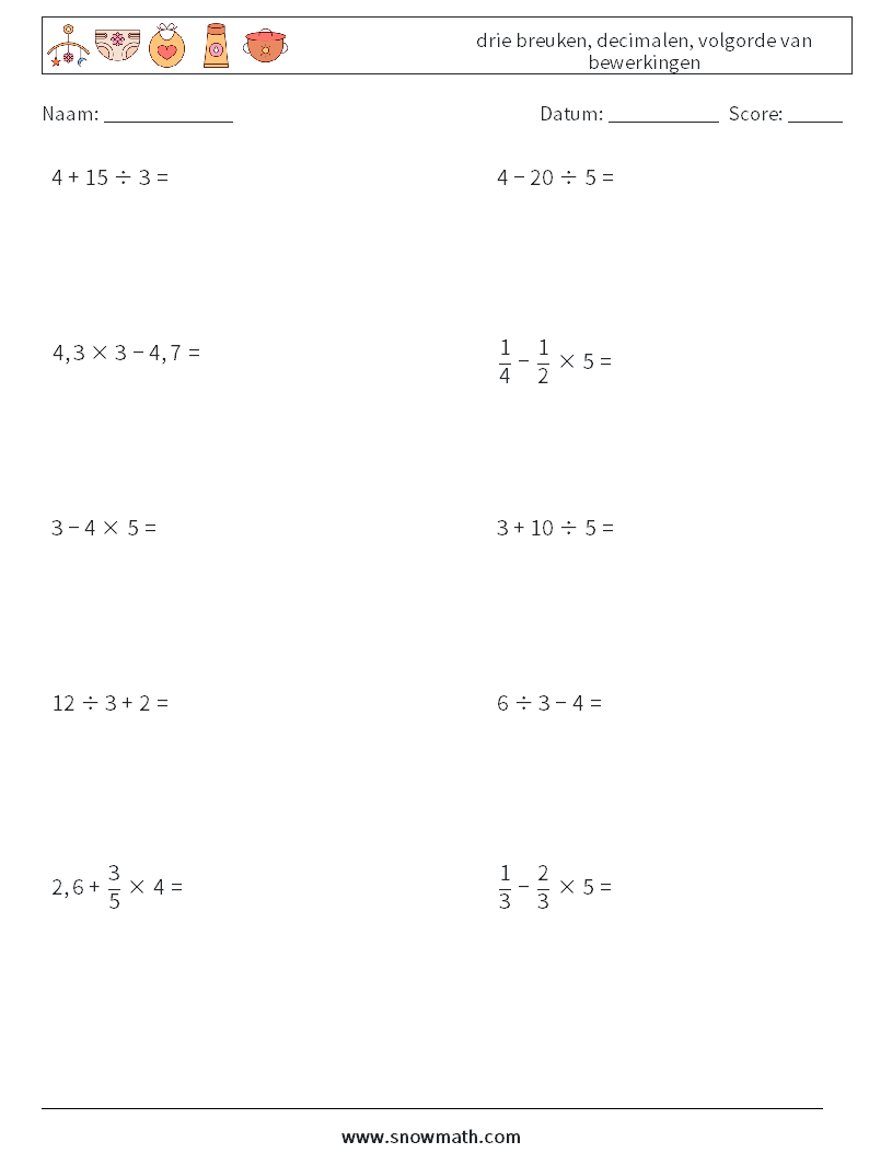 (10) drie breuken, decimalen, volgorde van bewerkingen Wiskundige werkbladen 8