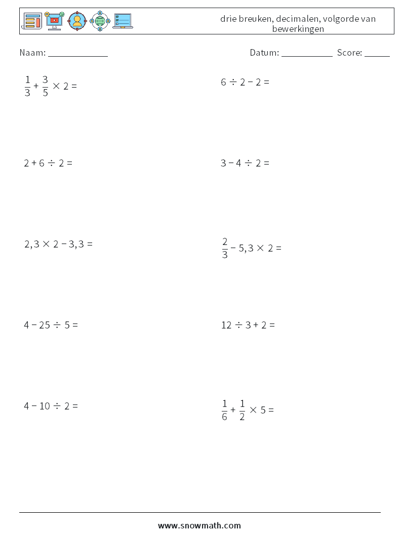 (10) drie breuken, decimalen, volgorde van bewerkingen Wiskundige werkbladen 9