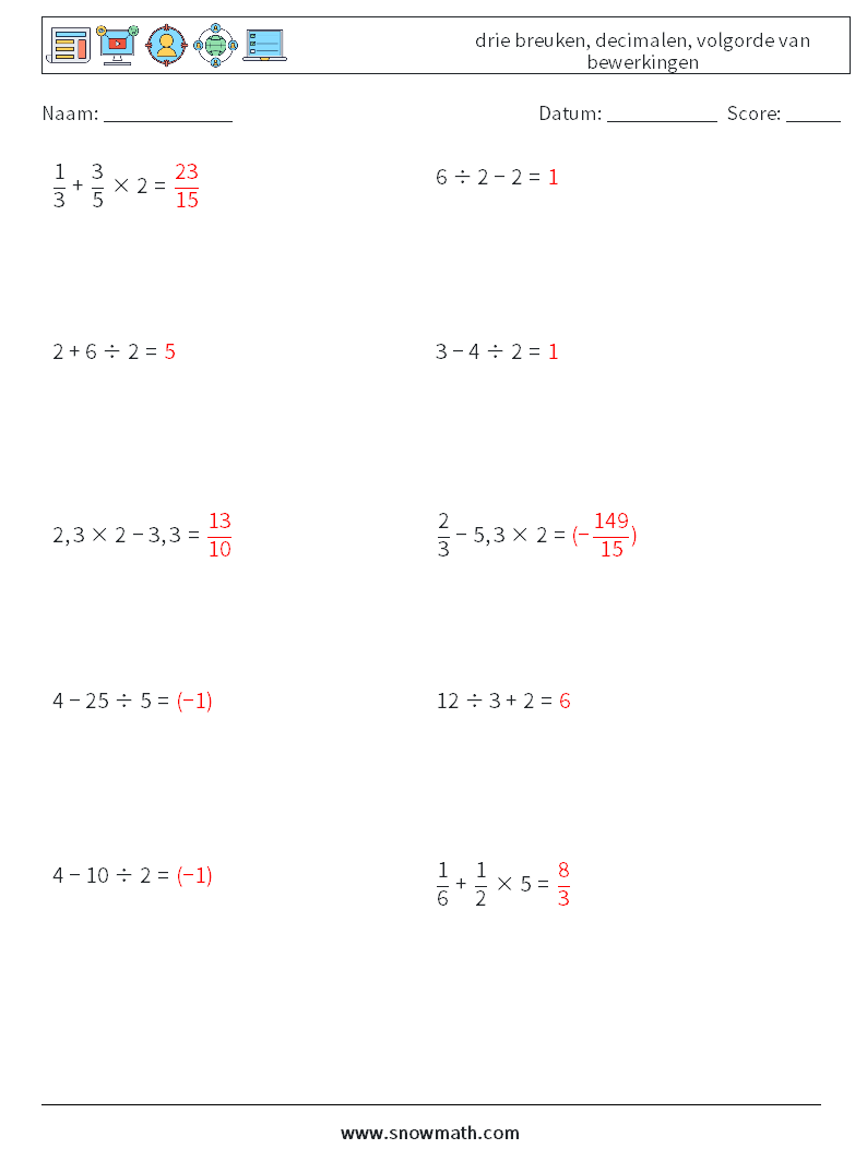(10) drie breuken, decimalen, volgorde van bewerkingen Wiskundige werkbladen 9 Vraag, Antwoord