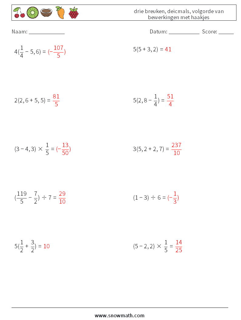 (10) drie breuken, deicmals, volgorde van bewerkingen met haakjes Wiskundige werkbladen 17 Vraag, Antwoord