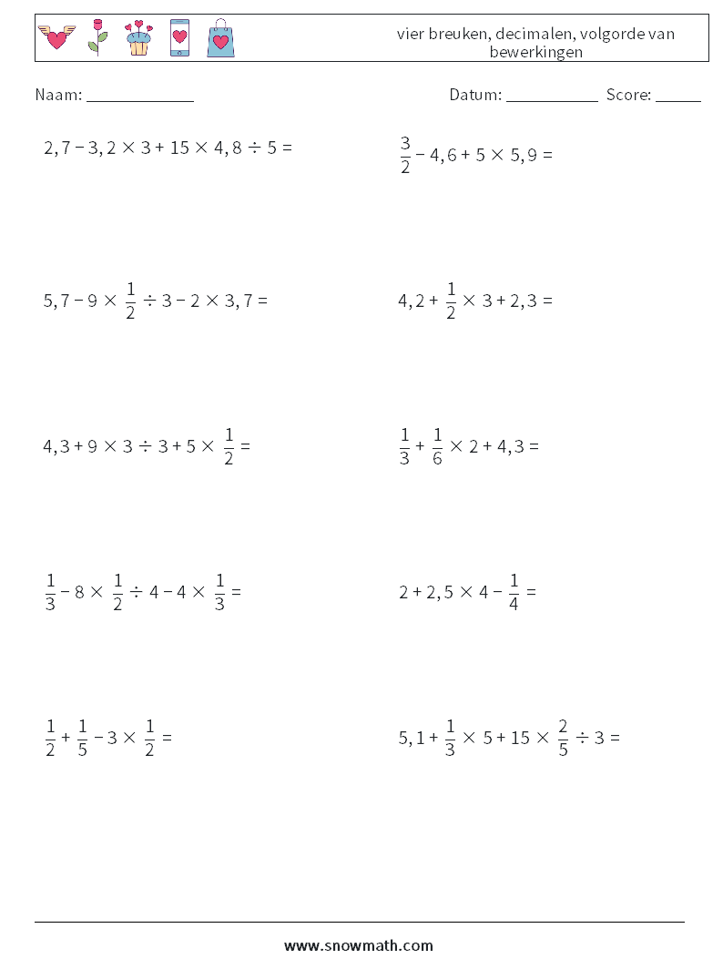 (10) vier breuken, decimalen, volgorde van bewerkingen Wiskundige werkbladen 13