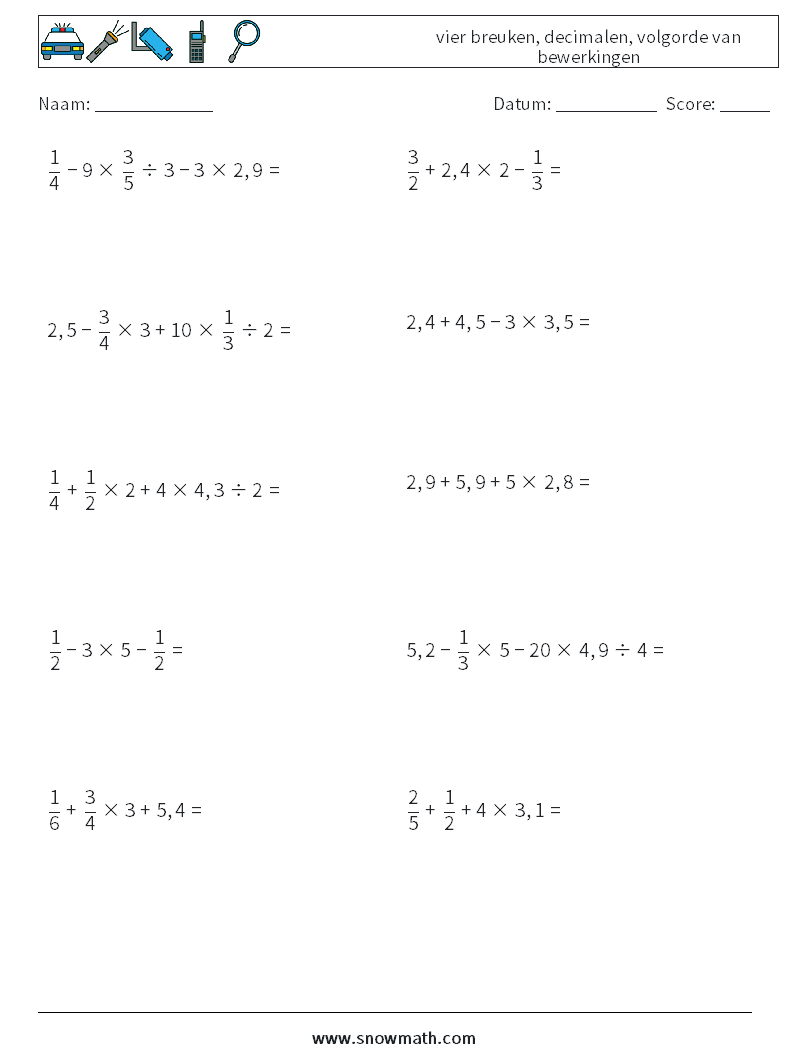 (10) vier breuken, decimalen, volgorde van bewerkingen Wiskundige werkbladen 14