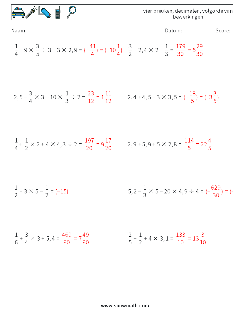 (10) vier breuken, decimalen, volgorde van bewerkingen Wiskundige werkbladen 14 Vraag, Antwoord