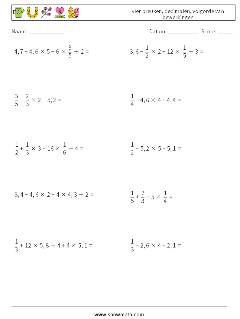 (10) vier breuken, decimalen, volgorde van bewerkingen Wiskundige werkbladen 16