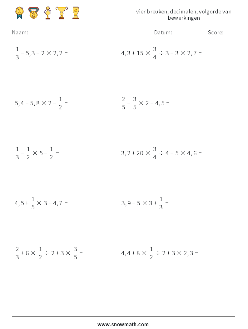 (10) vier breuken, decimalen, volgorde van bewerkingen Wiskundige werkbladen 17