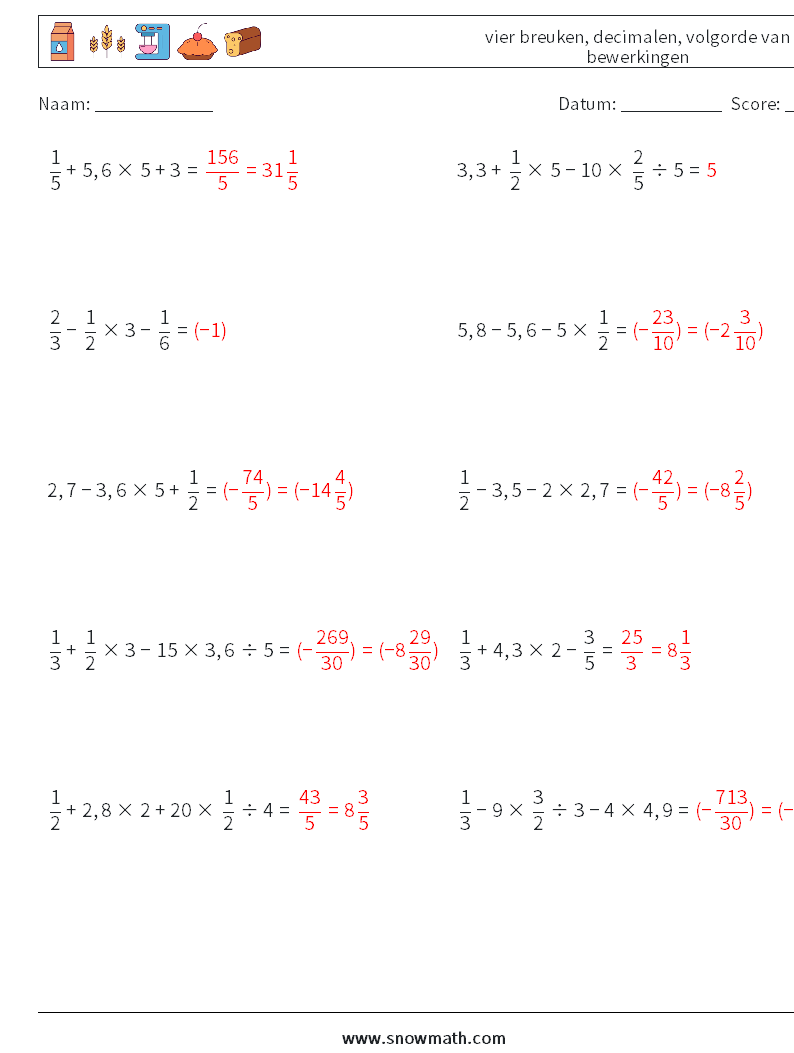 (10) vier breuken, decimalen, volgorde van bewerkingen Wiskundige werkbladen 18 Vraag, Antwoord