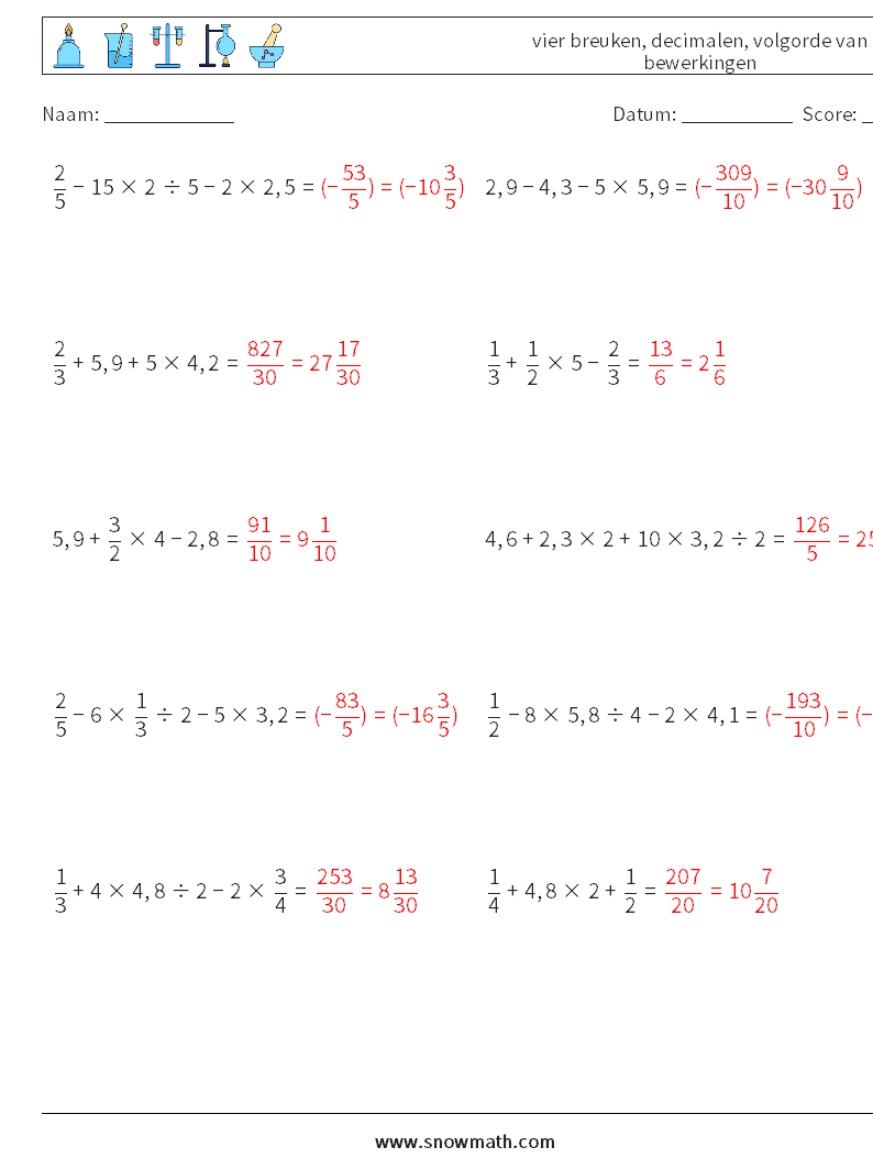 (10) vier breuken, decimalen, volgorde van bewerkingen Wiskundige werkbladen 1 Vraag, Antwoord