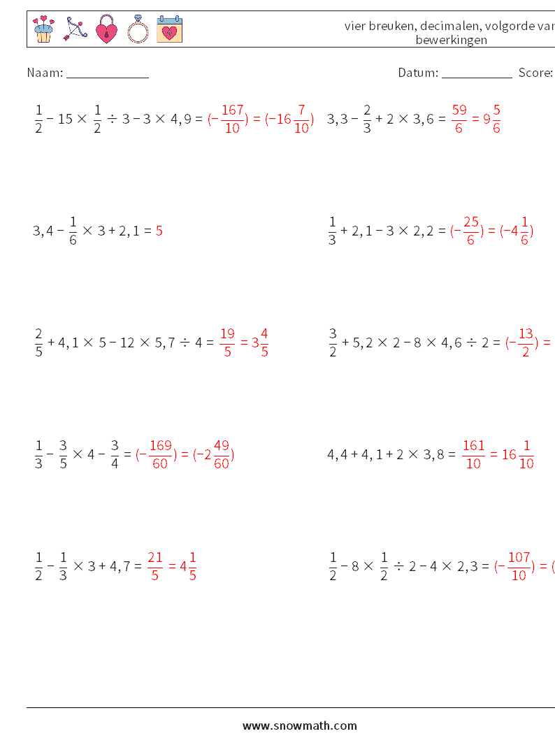 (10) vier breuken, decimalen, volgorde van bewerkingen Wiskundige werkbladen 2 Vraag, Antwoord