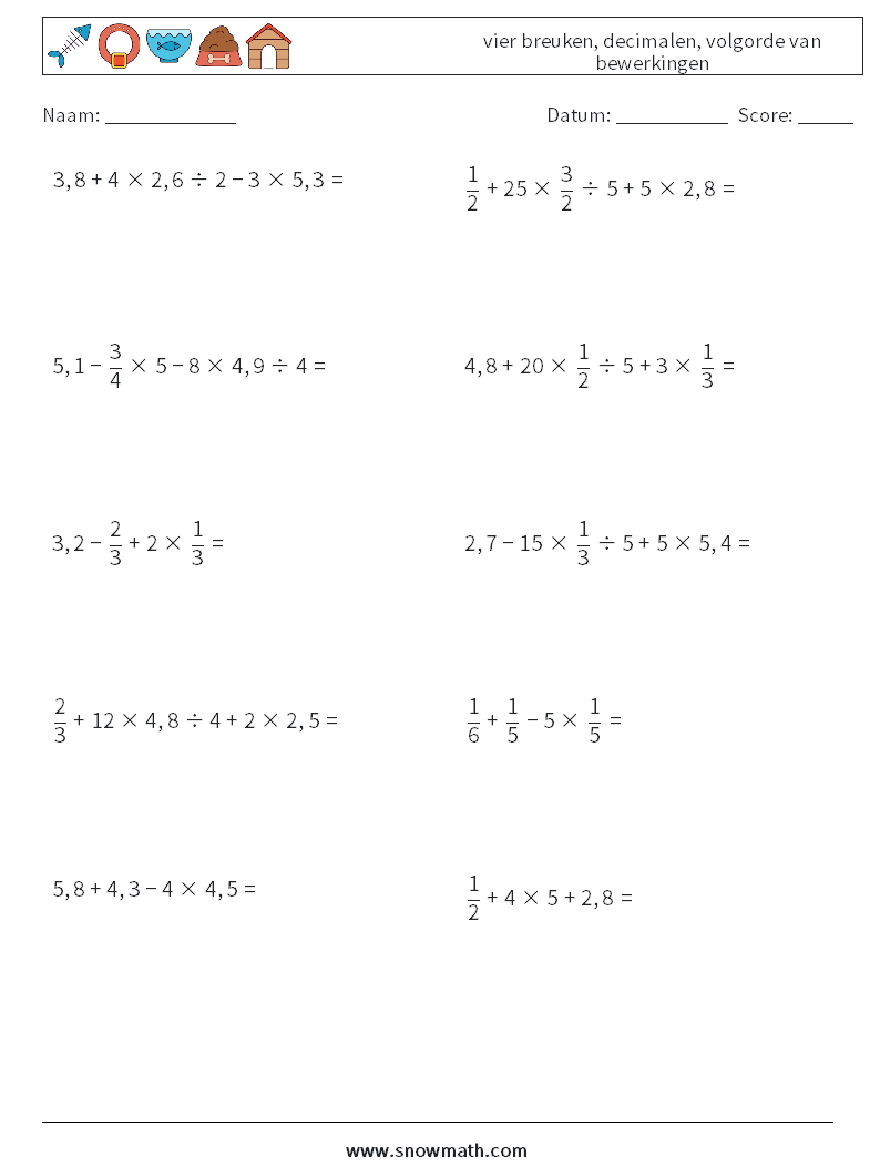 (10) vier breuken, decimalen, volgorde van bewerkingen Wiskundige werkbladen 3