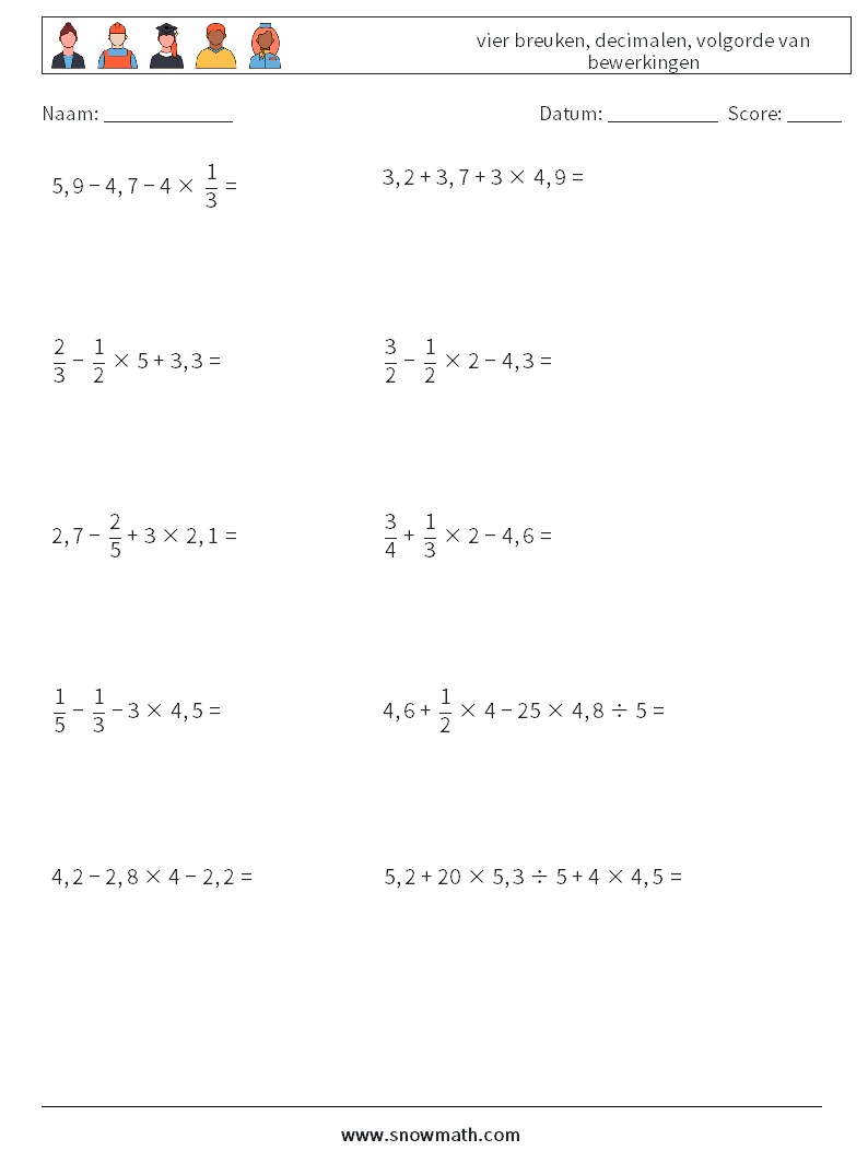 (10) vier breuken, decimalen, volgorde van bewerkingen Wiskundige werkbladen 4