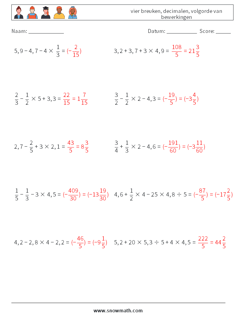 (10) vier breuken, decimalen, volgorde van bewerkingen Wiskundige werkbladen 4 Vraag, Antwoord