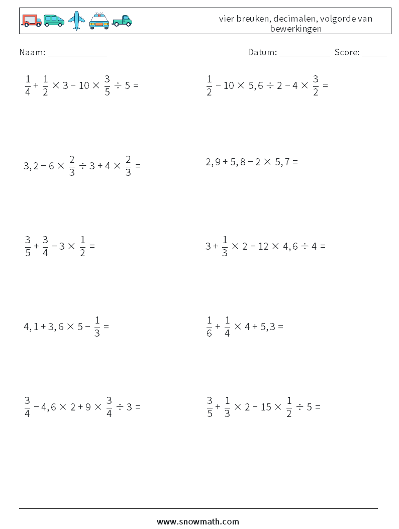 (10) vier breuken, decimalen, volgorde van bewerkingen Wiskundige werkbladen 5