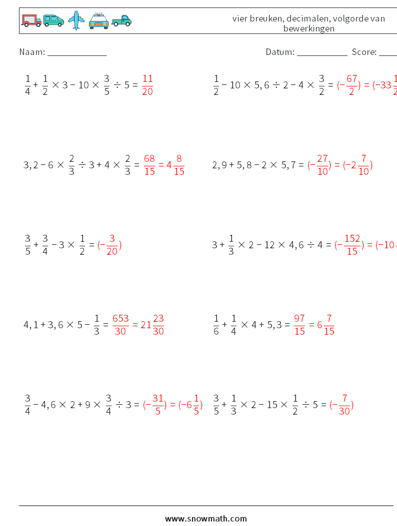 (10) vier breuken, decimalen, volgorde van bewerkingen Wiskundige werkbladen 5 Vraag, Antwoord