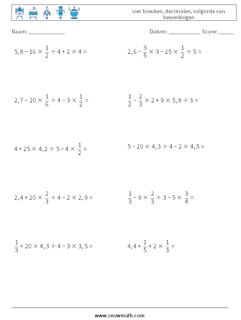 (10) vier breuken, decimalen, volgorde van bewerkingen Wiskundige werkbladen 6
