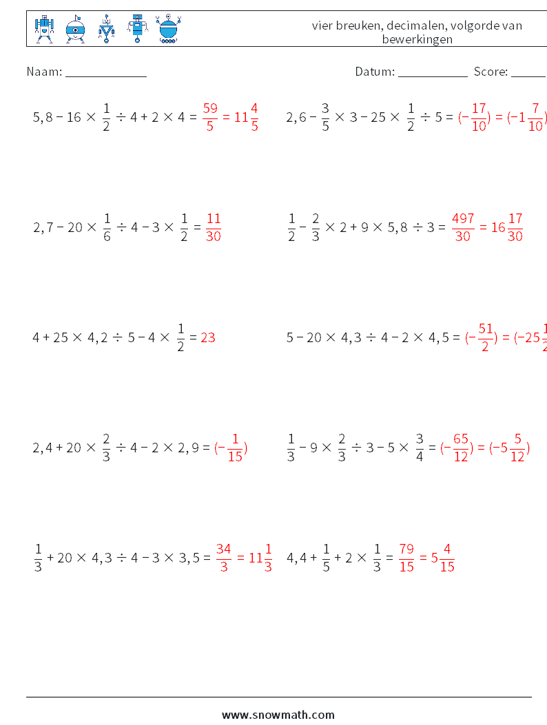 (10) vier breuken, decimalen, volgorde van bewerkingen Wiskundige werkbladen 6 Vraag, Antwoord
