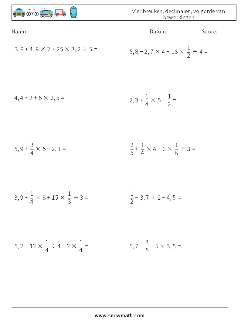 (10) vier breuken, decimalen, volgorde van bewerkingen Wiskundige werkbladen 7