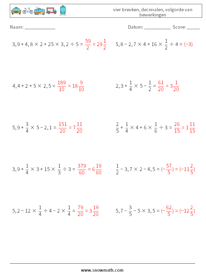 (10) vier breuken, decimalen, volgorde van bewerkingen Wiskundige werkbladen 7 Vraag, Antwoord