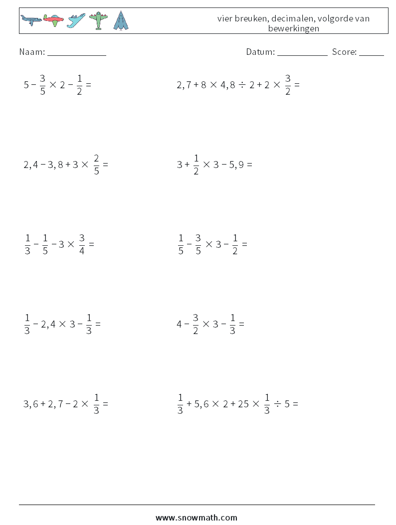 (10) vier breuken, decimalen, volgorde van bewerkingen Wiskundige werkbladen 9