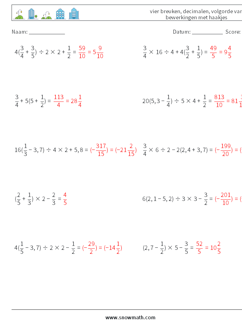 (10) vier breuken, decimalen, volgorde van bewerkingen met haakjes Wiskundige werkbladen 11 Vraag, Antwoord