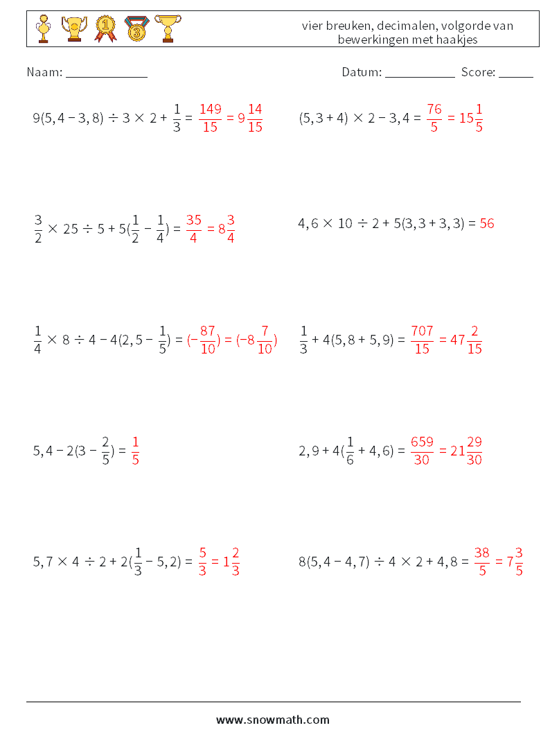 (10) vier breuken, decimalen, volgorde van bewerkingen met haakjes Wiskundige werkbladen 13 Vraag, Antwoord