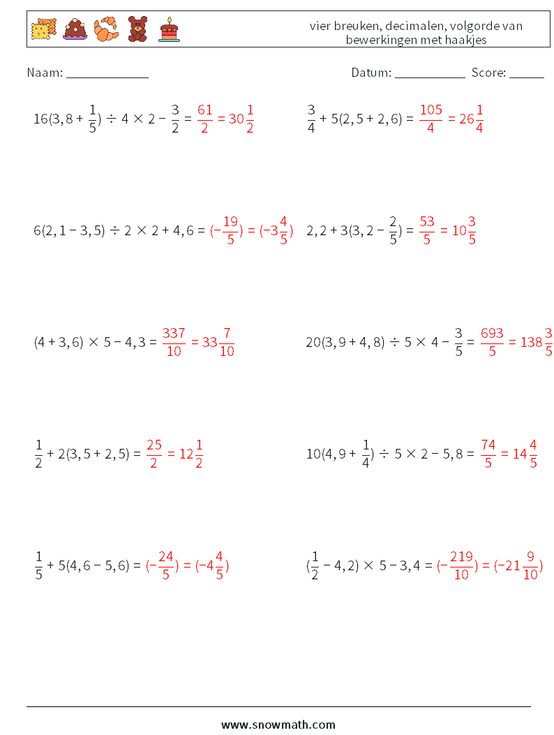 (10) vier breuken, decimalen, volgorde van bewerkingen met haakjes Wiskundige werkbladen 14 Vraag, Antwoord