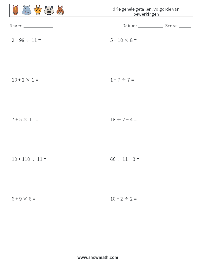 (10) drie gehele getallen, volgorde van bewerkingen Wiskundige werkbladen 10