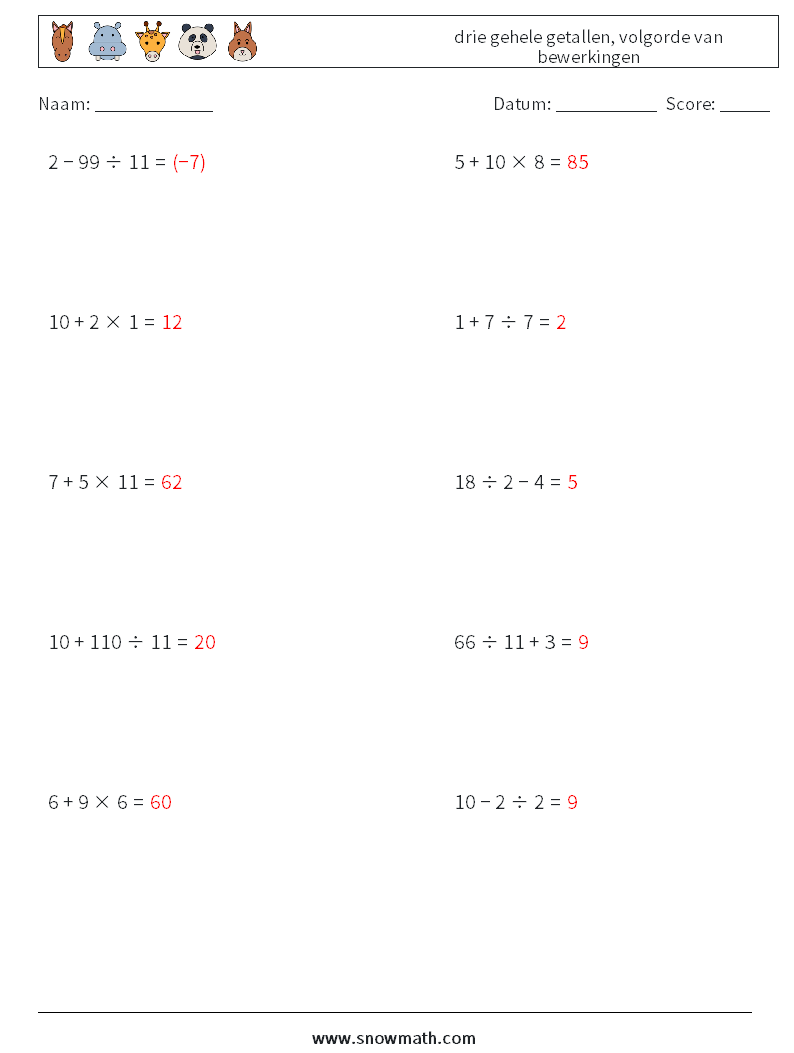 (10) drie gehele getallen, volgorde van bewerkingen Wiskundige werkbladen 10 Vraag, Antwoord
