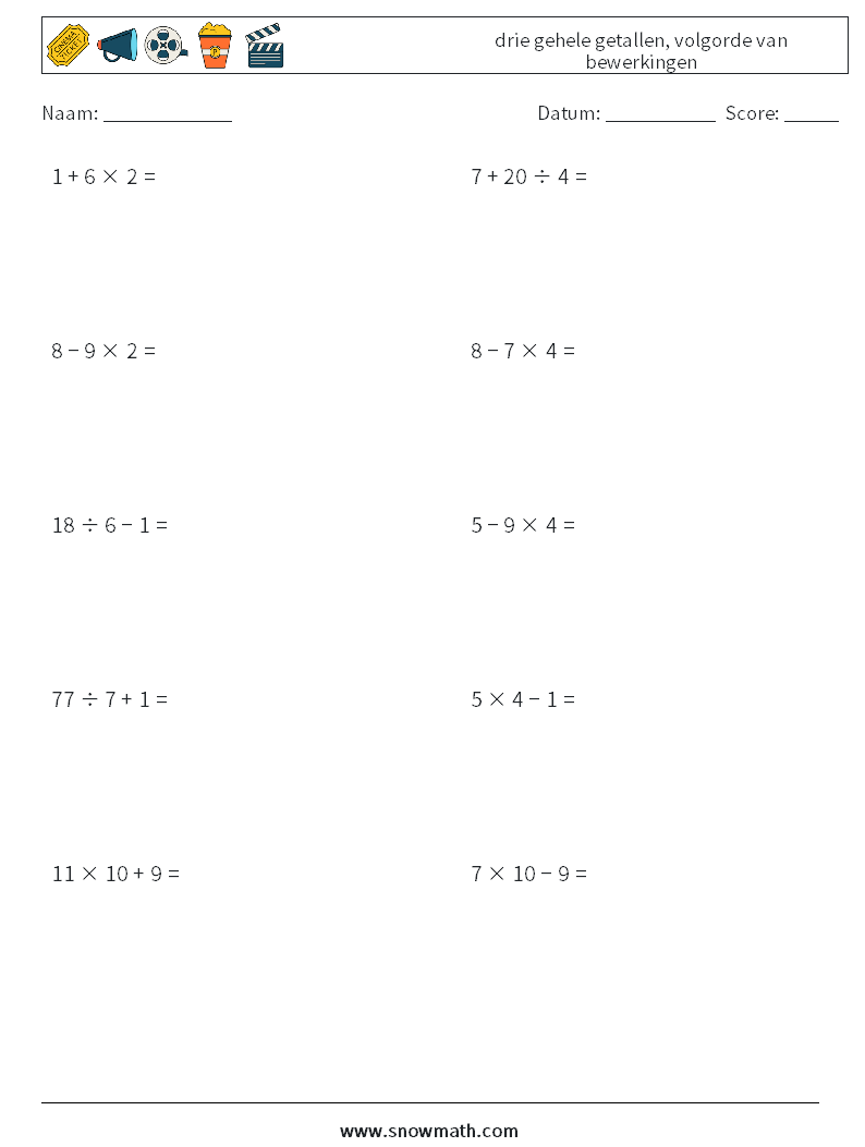 (10) drie gehele getallen, volgorde van bewerkingen Wiskundige werkbladen 11