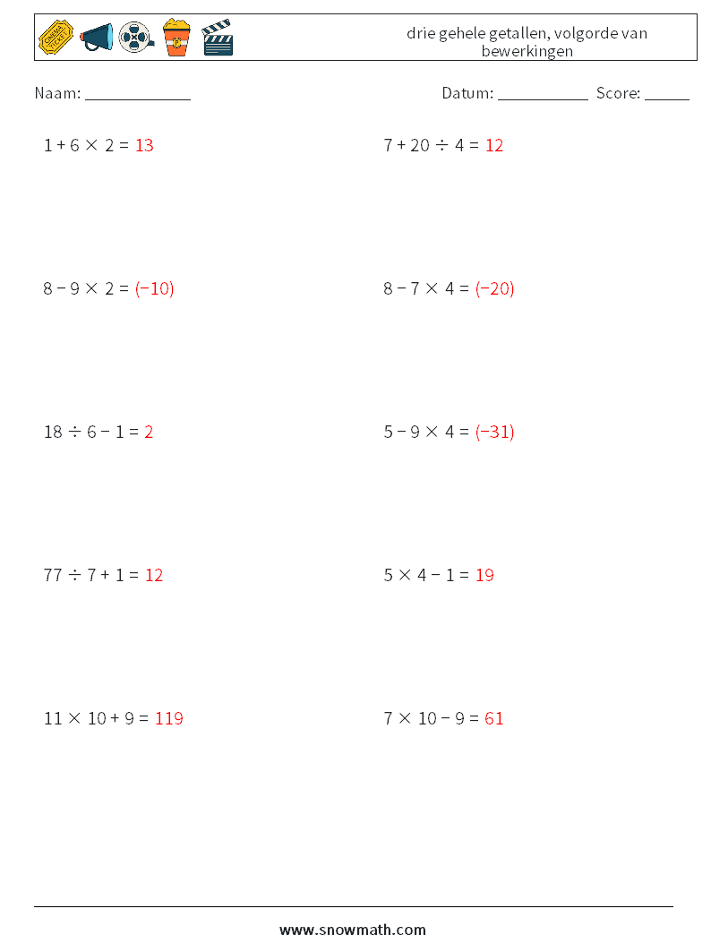 (10) drie gehele getallen, volgorde van bewerkingen Wiskundige werkbladen 11 Vraag, Antwoord