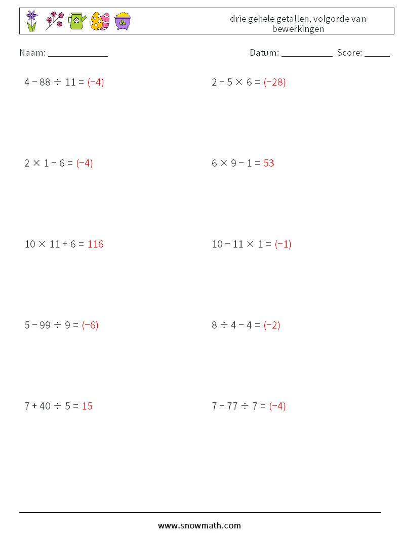 (10) drie gehele getallen, volgorde van bewerkingen Wiskundige werkbladen 12 Vraag, Antwoord