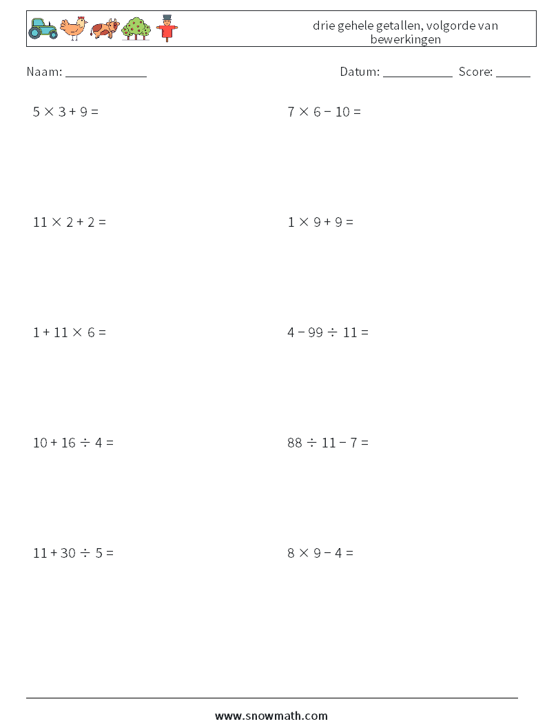 (10) drie gehele getallen, volgorde van bewerkingen Wiskundige werkbladen 14
